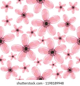 Seamless pattern pink pastel wild flowers on isolated  white backgground.Vector illustration doodle hand drawn.For used wallpaper design,textile fabric or wrapping paper.