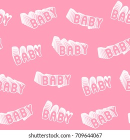 Seamless pattern with pink patches, stickers, badges, pins with words "Baby". Modern trendy illustration. Quirky funny cartoon comic style of 80-90s. Tender soft background.