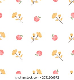 Seamless pattern with pink peach fruit and flower garden on white background vector illustration.