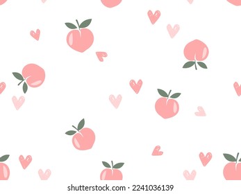 Seamless pattern of pink peach  fruit with green leaves and hand drawn heart on white background vector illustration.