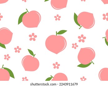 Seamless pattern with pink peach fruit, green leaves and flower on white background vector illustration.