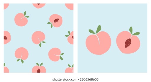 Seamless pattern with pink peach fruit and green leaves on blue background. Peach fruit icon sign vector.