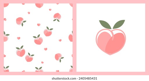 Patrón sin foco de melocotón rosa con corazones pequeños sobre fondo blanco. Señal de icono de frutos de cáscara aislada en el vector de fondo blanco. 