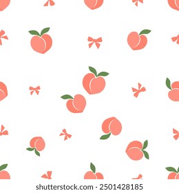 Seamless pattern of pink peach fruit with green leaves and ribbon bow on white background vector. Cute fruit print.