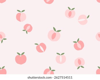 Seamless pattern of pink peach fruit with green leaves on pink background vector.
