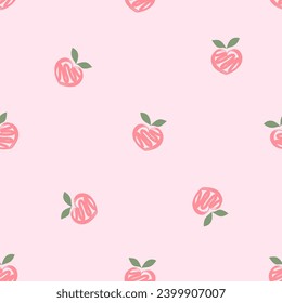 Seamless pattern with pink peach with green leaf on pink background vector illustration.