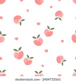 Seamless pattern of pink peach with green leaf and small heart on white background vector illustration. 