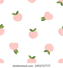 Seamless pattern of pink peach with green leaves on white background vector. Cute fruit print.