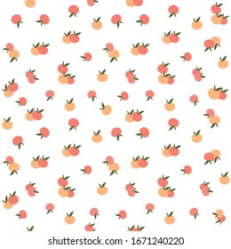Seamless pattern of pink peach. Peach with leaves background. Isolated background 