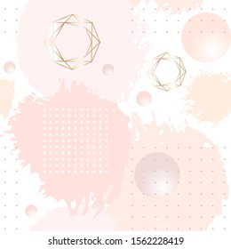 Seamless pattern. Pink, peach, nude, powder round spots, 3d balls and golden crystals on a white background.  Vector abstract hand drawn background.