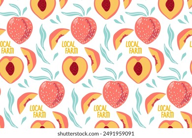 Patrón sin costuras con melocotón rosa, frutas enteras y frutas en rodajas. Dibujado a mano Ilustración vectorial de boceto de garabato. Plantilla repetida para el fondo, textil, papel de embalaje, Fondo de pantalla, chatarra.