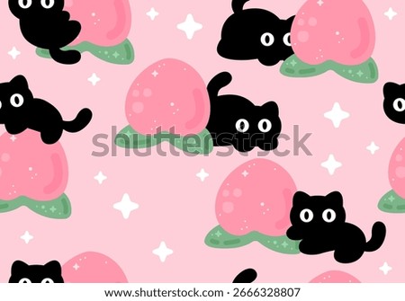 Seamless pattern with pink peaches and leaves and black cats.. Seamless Vector Repeat Peaches and cats