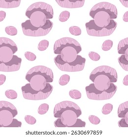Padrão sem emenda de pérolas cor-de-rosa dentro de ostras coloridas abertas. Um padrão artístico rosa sem costura com pérolas em conchas abertas, apresentado com um estilo divertido.