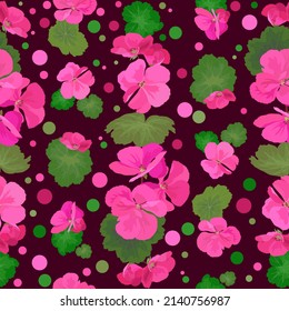 Patrón sin soldadura con flores pelargonium rosa, hojas y elementos gráficos sobre un fondo de contraste oscuro