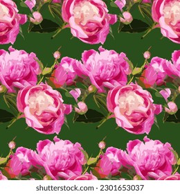 Seamless pattern with pink peonies. Bright vector illustration