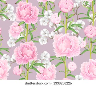 Seamless pattern with pink peonies and cotton flowers