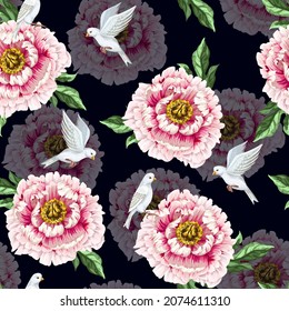 Seamless pattern with pink peonies and doves. Vector delicate print