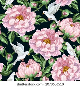 Seamless pattern with pink peonies and doves. Vector delicate print