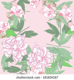 Seamless pattern  with pink peonies and flowers. Vector Illustration
