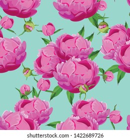 Seamless pattern with pink peonies and freesia. Peony pattern