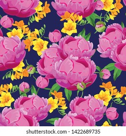 Seamless pattern with pink peonies and freesia. Peony pattern
