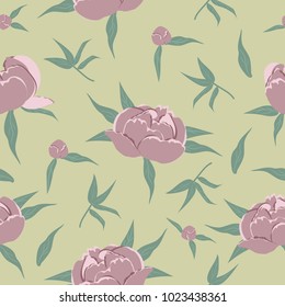 Seamless pattern with pink peonies and green leaves on a yellow background. It can be used for packing of gifts, registration of notebooks, diaries, tiles fabrics backgrounds. Vector illustration.