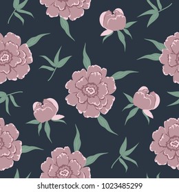 Seamless pattern with pink peonies and leaves on a dark blue background. It can be used for packing of gifts, registration of notebooks, diaries, tiles fabrics backgrounds. Vector illustration.