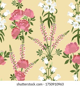 Seamless pattern with pink peonies, lupine and campanula on beige background.Vector illustration. 