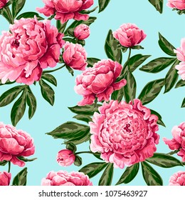 Seamless pattern with pink peonies on blue background. Delicate fashion illustration.