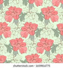 Seamless  pattern with pink peonies on color background. Hand drawn stock illustration.