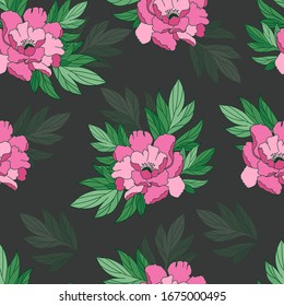 Seamless pattern with pink peonies on green background. Delicate fashion illustration.