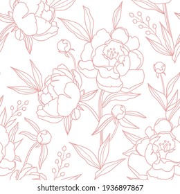 Seamless pattern with pink peonies on a white background