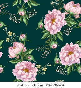 Seamless pattern with pink peonies on the green background. Vector textile print