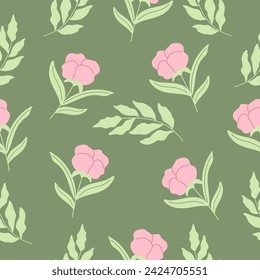 Seamless pattern with pink peonies on green background. Vector handdrawn illustration.