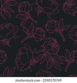Seamless pattern with pink peonies on a dark gray background.