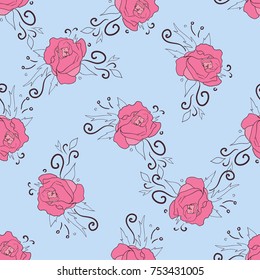 Seamless pattern with pink peonies on blue background. Floral vintage design for wallpaper, fabric, card, packaging and decorative textile. Concept for womens day, birthday and other holidays