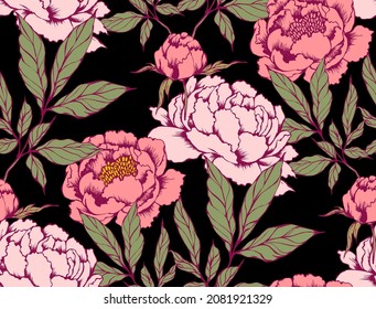 Seamless pattern. Pink peonies. Suitable for fabric, mural, wallpapers, wrapping paper and the like