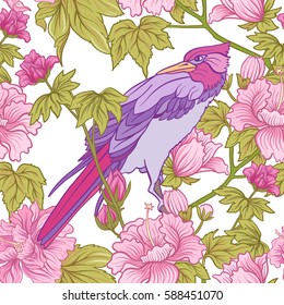 Seamless pattern with pink peony and bird in Japanese style. Vector stock illustration.
