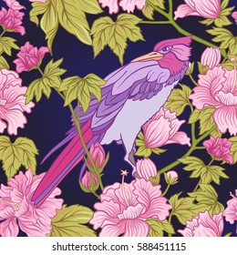 Seamless pattern with pink peony and bird in Japanese style. Vector stock illustration.
