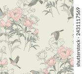 seamless pattern with pink peony flowers and robin birds, vector drawing floral background, flowering garden , hand drawn natural illustration