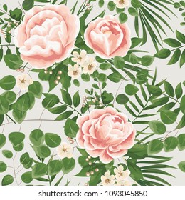 seamless pattern with pink peony flowers on green leaf background. elegant Botanical illustration