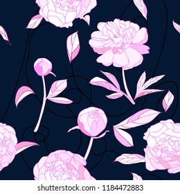 Seamless pattern, pink peony flowers and thread on dark blue background vector illustration. Wallpaper, textile, fabric, scrapbooking, pack paper print. 