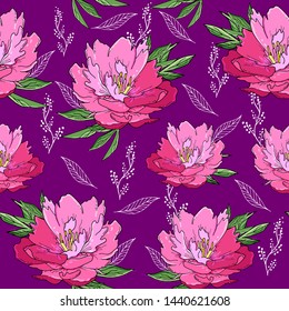 Seamless pattern with pink peony flowers and leaves.