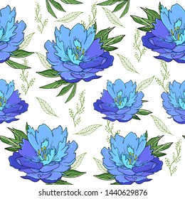 Seamless pattern with pink peony flowers and leaves.
Doodle hand drawn flowers on white background.