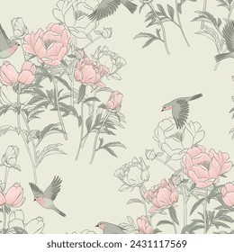 seamless pattern with pink peony flowers and robin birds, vector drawing floral background, flowering garden , hand drawn natural illustration