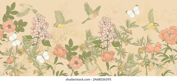 seamless pattern with pink peony flowers, lilac, butterflies and robin birds, vector drawing floral composition, flowering garden , hand drawn natural illustration