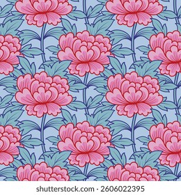 Seamless pattern with pink peony flowers on light blue background. Floral Chinese wallpaper. Oriental vibes illustration. Chinoiserie design.