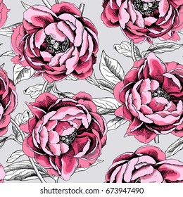 Seamless pattern with pink Peony flowers and leaves on a gray background. Vector illustration.