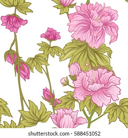 Seamless pattern with pink peony in Japanese style. Vector stock illustration.