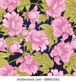 Seamless pattern with pink peony in Japanese style. Vector stock illustration.